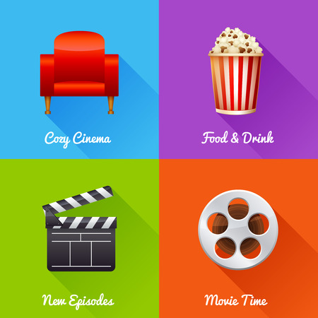 Cinematography set of square movie banners with film reel, clapper, popcorn, 3D glasses, cinema armchair isolated iconsのイラスト素材