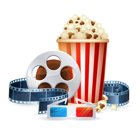 Cinema and movie realistic objects isolated on white, film reel, clapper, popcorn, 3D glasses detailed vector illustrationのイラスト素材