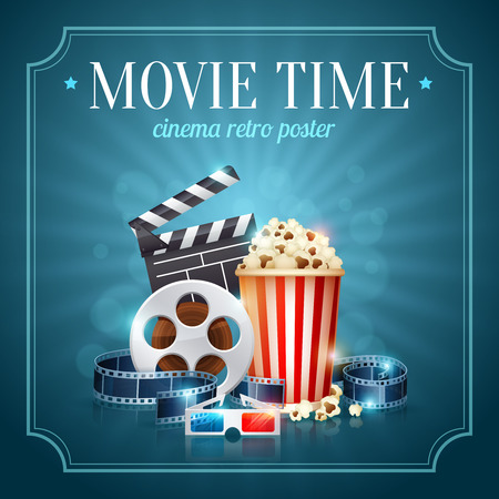 Realistic cinema movie poster template with film reel, clapper, popcorn, 3D glasses, conceptbanners with bokehのイラスト素材