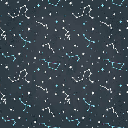 Seamless repeating pattern with cartoon constellations of stars on a sky grungy background