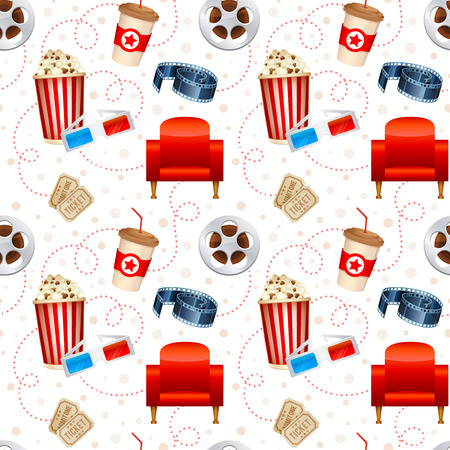 Cinema seamless texture with a pattern of detailed movie objects film reel popcorn 3D glasses seatsのイラスト素材