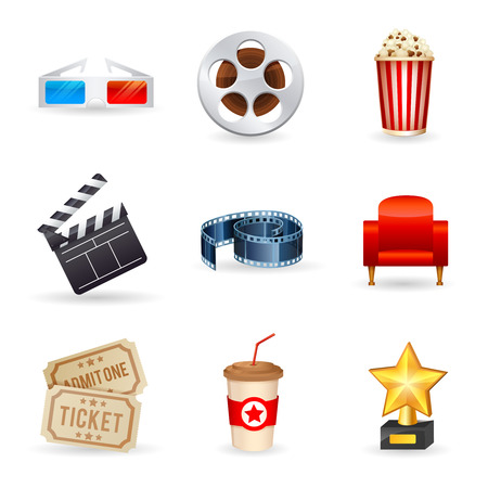 A detailed set of realistic cinema icons for web and design with movie symbols 3D glasses film reel popcorn ticketsのイラスト素材