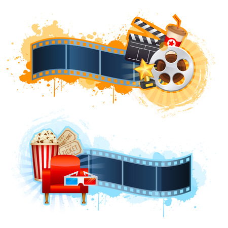 Realistic cinema movie poster template with film reel, clapper, popcorn, 3D glasses, conceptbanners with bokehのイラスト素材