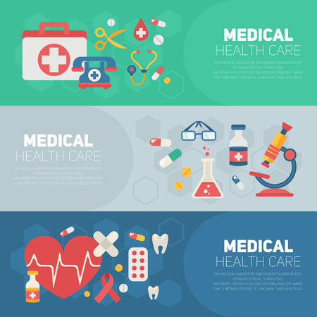 Medical banners templates in trendy flat style with main health care elements - emergency kit, heart, pills, crossのイラスト素材