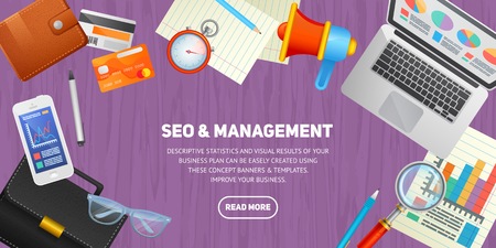 Flat design illustration concept for business, finance, consulting, management, SEO. Isolated workspace elements on wood desktop background - laptop, smartphone, stopwatch, loudspeaker, cards, charts. Template for web banner and printed materials.のイラスト素材