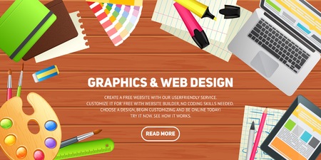 Flat design illustration concept for education, study, career training, teamwork, business learning. Isolated workspace elements on wood desktop background - laptop, tablet, pantone, palette, pencil, marker, notebook. Template for web banner and printed mのイラスト素材