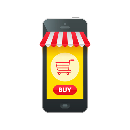 Online market in smartphone icon with realistic phone, shopping basket cart, buy button and white and red striped sun tentのイラスト素材