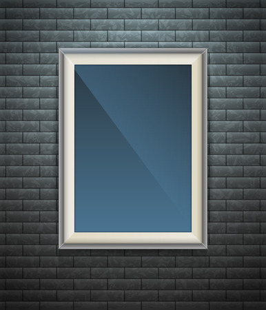 Realistic blank poster in a wooden picture frame hanging on a textured dark brick wall, empty template for mockup, banner and artworkのイラスト素材