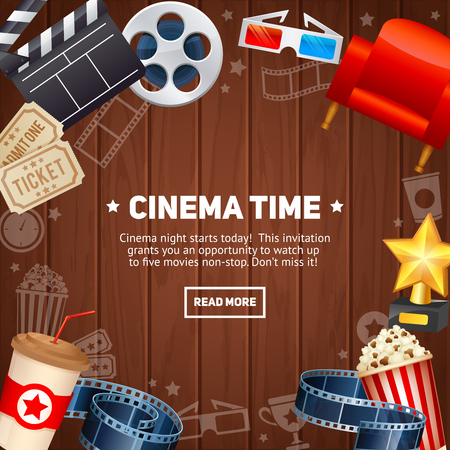 Realistic cinema movie poster template with film reel, clapper, popcorn, 3D glasses, concept banner on wooden planks backgroundのイラスト素材