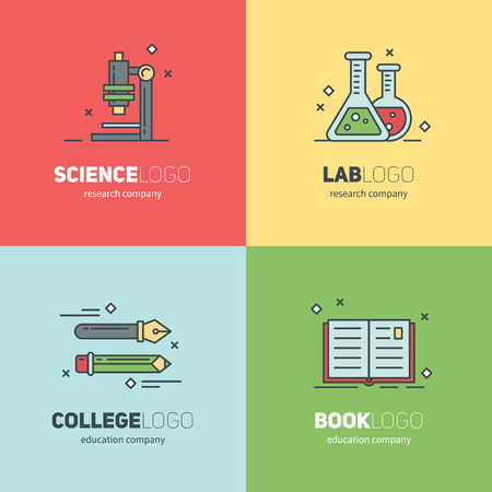 Thin lined set of logos for scientific research and education, business brand and management emblems, isolated banner conceptsのイラスト素材