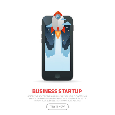 Business start up concept template with realistic smart phone and flat cartoon rocket flying out of the desktop screen, isolated on white bannerのイラスト素材