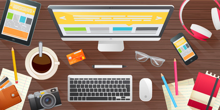 Realistic set of  workspace elements concept banner for business presentations, website templates, mockup with modern devices, computer, tablet, smartphone, cameraのイラスト素材