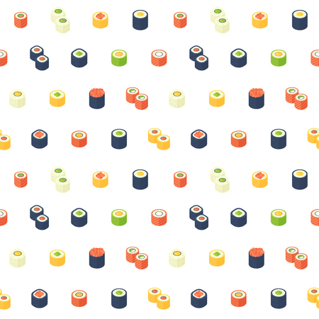 Flat isometric sushi seamless pattern with asian cuisine for web backgrounds, food delivery sites, print and fabricのイラスト素材