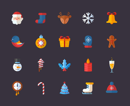 Flat Christmas and New Year icons set with Santa, deer, snowman, xmas tree, gifts and other holiday itemsのイラスト素材