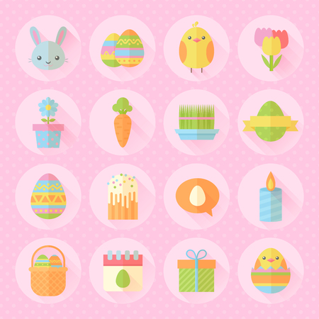 Colorful spring Easter flat icons set with bunnies, chicken, eggs, candles, flowers for web design and postcardsのイラスト素材