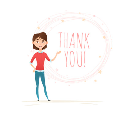 Hipster young woman character with thank you message presentation, isolated on whiteのイラスト素材