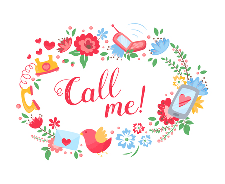 Elegant floral postcard with call me text, cute birds for greeting cards and invitationsのイラスト素材