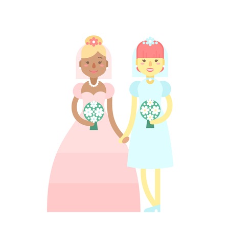 Wedding couple. Cute flat characters, brides in dresses with festive flower bouquets, just married. Homosexual, same sex relationships, happy lesbian girls.のイラスト素材
