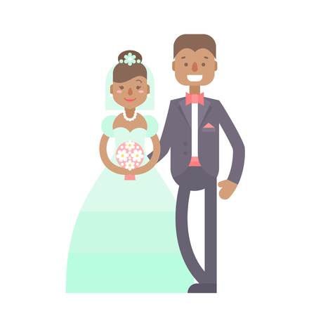 Wedding couple. Cute flat characters, groom and bride, in suit and wedding dress with flower bouquet, just married. Heterosexual relationshipsのイラスト素材