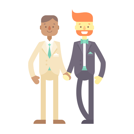 Wedding couple. Cute flat characters, grooms in suit and jacket with bowtie, just married. Homosexual, same sex relationships, happy gay men.のイラスト素材
