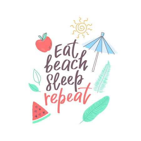 Summer design sticker with tropical beach elements and hand lettering words.のイラスト素材