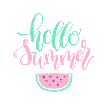 Hello Summer hand lettering design element made with digital brush and ink. Perfect for stickers, labels and tags.のイラスト素材