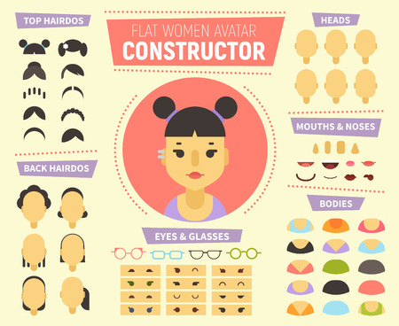Flat women avatar constructor for generating characters portraits with different hair style, faces, race, age. Icons can be used for social network profile, in web design, print media.のイラスト素材