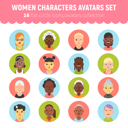 Flat women and girls character avatars collection. Flat cartoon characters circle icons for social network profiles, feminine sites and web design.のイラスト素材