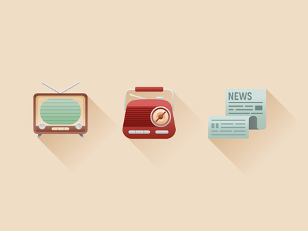 Stylish retro flat icons of vintage media objects - television, radio, newspaper, in trendy material design style. Great as branding logotypes for business or web designのイラスト素材