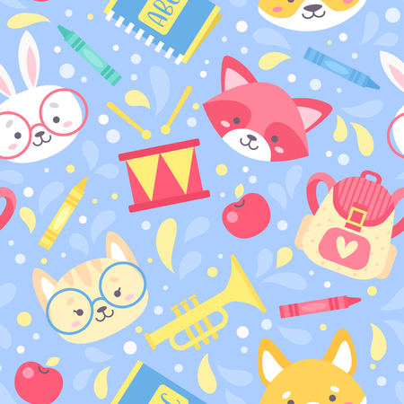 School seamless pattern for children with cute cartoon animals characters and school items. Vector texture for print on fabric, apparel, for web design.のイラスト素材