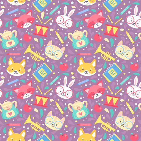 School seamless pattern for children with cute cartoon animals characters and school items. Vector texture for print on fabric, apparel, for web design.のイラスト素材