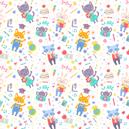 School seamless pattern for children with cute cartoon animals characters and school items. Vector texture for print on fabric, apparel, for web design.のイラスト素材