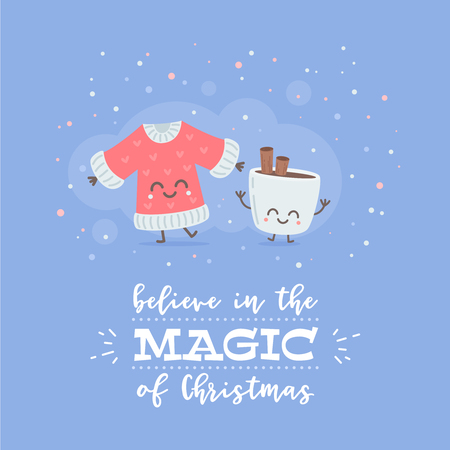 Merry Christmas card with cute cartoon character, decorative templates for invitations, greeting postcards, design elementsのイラスト素材