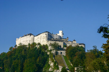 Hohensalzburg Fortress atop of a hill in Salzburg, Austriaのeditorial素材