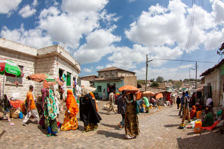 Harar, Ethiopia - Jan 21, 2014: Street scene of Old Town, Harar Jugol, the Fortified Historic Town, a UNESCO world heritage site.のeditorial素材