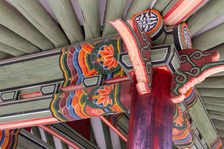 Decoration of a traditional building in Kaesong, North Koreaの写真素材