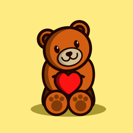Cute Brown Teddy Bear Holding Heart or Love Shape Flat Vector Illustrationのイラスト素材