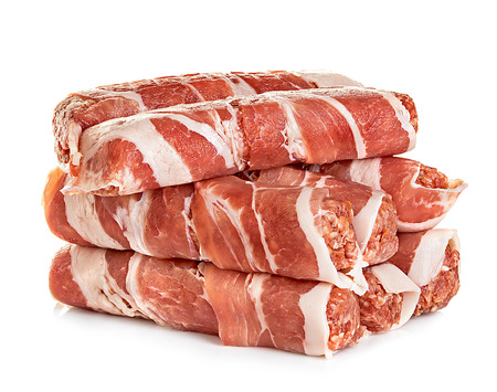 sausages wrapped in bacon, chevapchichi isolated on white backgroundの写真素材