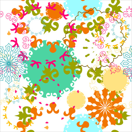 Seamless multicolor pattern with oriental mandalas. Islam, Arabic, Asian motifs. Kaleidoscope elements. Vintage lace mood.のイラスト素材