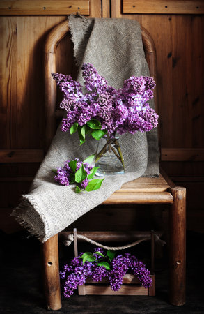 Fresh branches of lilac in a rustic style. Still life of beautiful spring flowersの写真素材