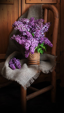 Fresh branches of lilac in a rustic style. Still life of beautiful spring flowersの写真素材