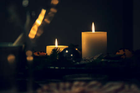 Christmas decoration, set of two candles burningの写真素材