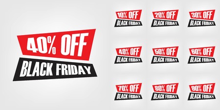 Black Friday Discount Set. Black and Red Flat Vector Design Element, Banners, Stickers, Badge, Poster, Sign, Tag.のイラスト素材