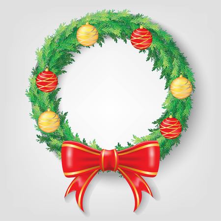 Christmas Wreath with Red Ribbon and Christmas balls Vectors design. Realistic Christmas ring illustration. Properties, decoration, and element for christmas and new year eventのイラスト素材