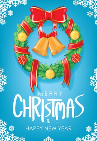 Merry Christmas & Happy New Year Greeting. Christmas Wreath with Red Ribbon and Christmas balls on Blue Background Vectors design. Poster, card, decorationのイラスト素材