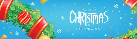 Christmas banner. Blue Christmas background with christmas balls,  snowflakes and gold confetti.のイラスト素材