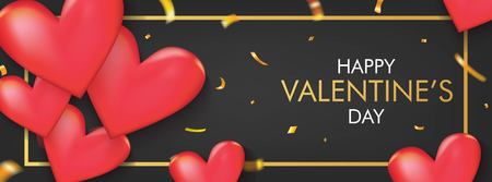 Happy Valentine's Day banner. Red Hearts with Gold Confetti on Black Background Vector Design.のイラスト素材