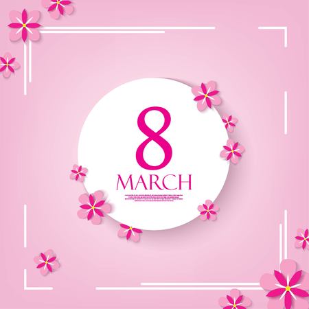 Paper cut 8 March. Pink Flowers and White Lines on Pink Background Vector Design. International Women's Day Background Templateのイラスト素材