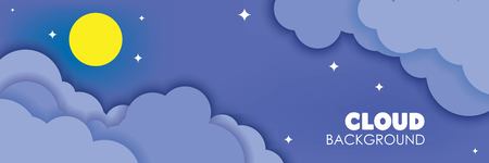 3D Papercut Cloud, Night Sky, Stars and Moon Banner Background Vector Illustration. Place Your Text...