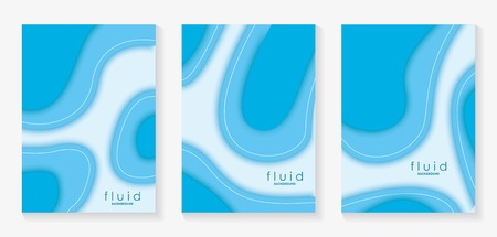 Blue Fluid 3D Papercut Cover Set. Dynamic Background for invitation, booklet or business card design. Modern Vector paper backgroundのイラスト素材